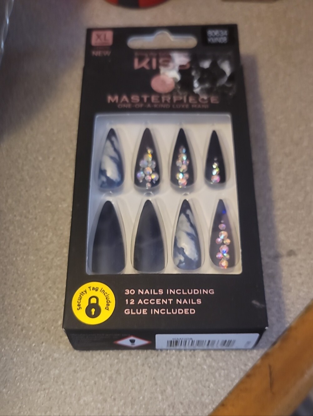 KISS Masterpiece Black Marble Press-On Nails with Rhinestone Accents